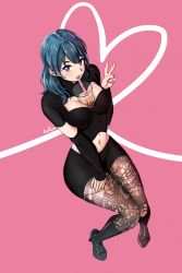 Rule 34 | 1girl, black shorts, blue eyes, blue hair, boots, breasts, brown pantyhose, bubble tea, bubble tea challenge, byleth (female) (fire emblem), byleth (fire emblem), cup, drinking, drinking straw, fire emblem, fire emblem: three houses, full body, high heel boots, high heels, highres, lialiar1, long hair, midriff, navel, nintendo, pantyhose, pantyhose under shorts, pink background, short sleeves, shorts, signature, solo, v