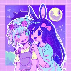Rule 34 | 1boy, 1girl, :d, animal ears, aubrey (headspace) (omori), aubrey (omori), basil (headspace) (omori), basil (omori), black eyes, blush, border, bow, cloud, collarbone, commentary, dress, ears down, eyelashes, flower, flower wreath, full moon, gem (symbol), green dress, green eyes, green hair, hair between eyes, hair bow, hands on another&#039;s shoulders, hands up, head wreath, leaf, long hair, looking at another, moon, night, night sky, omori, open mouth, outline, outside border, overalls, pink bow, purple border, purple flower, purple hair, rabbit, rabbit ears, rabbit girl, rabbit tail, raised eyebrows, red flower, satellite, shirt, short hair, short sleeves, sidelocks, sky, smile, symbol-only commentary, t-shirt, tail, teeth, toastytoast, upper body, upper teeth only, white outline, yellow shirt