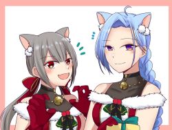 2girls :d adapted_costume ahoge animal_ears ascot assault_lily bare_shoulders bell black_ribbon blue_hair blush border bow box braid braided_ponytail breasts cat_ears claw_pose closed_mouth collarbone commentary extra_ears fang fujita_asagao fur-trimmed_gloves fur-trimmed_shirt fur_trim gift gift_box gloves green_ascot grey_hair hair_bow hair_ornament hand_up hands_up holding holding_gift igusa_subaru jewelry jingle_bell kemonomimi_mode looking_at_viewer low_ponytail low_twintails medium_breasts multiple_girls neck_bell necklace nigari_(ngari_0115) notice_lines open_mouth outside_border parted_bangs pink_border pom_pom_(clothes) pom_pom_hair_ornament purple_eyes red_bow red_eyes red_gloves red_shirt ribbon santa_costume shirt side-by-side simple_background single_braid skin_fang sleeveless sleeveless_shirt smile symbol-only_commentary twintails upper_body white_background