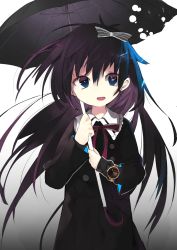 Rule 34 | 1girl, ad, akimaki yuu, bad id, bad twitter id, black bow, black coat, black hair, blue eyes, bow, buttons, clock eyes, coat, commentary request, gradient background, grey background, hair between eyes, hair bow, hands up, highres, holding, holding umbrella, long hair, long sleeves, looking at viewer, multicolored eyes, multicolored hair, open mouth, original, purple eyes, purple hair, smile, solo, striped, striped bow, symbol-shaped pupils, two-tone hair, umbrella, upper body, watch, wristwatch