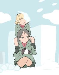 Rule 34 | 10s, blonde hair, boots, brown eyes, brown hair, carrying, coat, commentary request, crossed arms, fang, girls und panzer, gloves, katyusha (girls und panzer), knees together feet apart, long hair, miniskirt, mo (kireinamo), nonna (girls und panzer), open mouth, piggyback, short hair, shoulder carry, skirt, snowball, snowball fight, squatting, wall