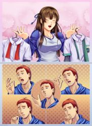 Rule 34 | 1boy, 1girl, 2koma, ^ ^, ahoge, alternate costume, bad id, bad pixiv id, black hair, blue eyes, blue ribbon, braid, breasts, castle (series), casual, closed eyes, clothes hanger, comic, commentary, commission, cosplay, engagement ring, french braid, green necktie, green ribbon, hair ribbon, highres, iowa (pacific), jewelry, kantai collection, kimi no na wa., large breasts, long sleeves, melisaongmiqin, meme, miyamizu mitsuha, miyamizu mitsuha (cosplay), multicolored ribbon, necklace, necktie, open mouth, pacific (kancolle), red hair, ribbon, ring, school uniform, short sleeves, silent comic, smile, star (symbol), star necklace, striped necktie, striped neckwear, tachibana taki, tachibana taki (cosplay), wedding band