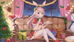 Rule 34 | 1girl, animal ears, ass, ayana nana, bikini, bikini top only, blue eyes, blush, boots, box, breasts, cake, capelet, christmas, christmas tree, couch, cup, curtains, eating, food, fork, frilled skirt, frills, fur trim, gift, gift box, hair ornament, hat, highres, hokori sakuni, holding, holding fork, holding plate, indoors, long hair, looking at viewer, merry christmas, miniskirt, nana channel, navel, on couch, pink hair, plate, rabbit ears, red bikini, red skirt, santa hat, saucer, sitting, skirt, small breasts, solo, stomach, stuffed animal, stuffed toy, swimsuit, thighhighs, virtual youtuber, white thighhighs, window