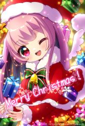 Rule 34 | 1girl, angel wings, bell, blurry, blush, bokeh, capelet, christmas, depth of field, floating, floating object, fur-trimmed capelet, fur collar, fur trim, gift, hat, head tilt, highres, jingle bell, light particles, long hair, long sleeves, looking at viewer, merry christmas, mmmera827, neck bell, neck ribbon, one eye closed, open mouth, original, pink eyes, pink hair, ribbon, santa costume, santa hat, sleeves past wrists, smile, solo, watermark, web address, wings