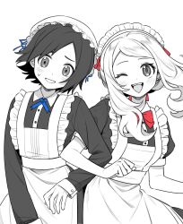 Rule 34 | 1boy, 1girl, ;d, alternate costume, apron, blue ribbon, blush, bow, bowtie, calem (pokemon), commentary request, creatures (company), enmaided, eyelashes, game freak, grin, hat, head tilt, headdress, highres, kashima momoki, locked arms, long hair, long sleeves, looking at viewer, maid, neck ribbon, nintendo, one eye closed, open mouth, pokemon, pokemon xy, red bow, red bowtie, ribbon, serena (pokemon), short sleeves, simple background, smile, spot color, sweatdrop, teeth, upper teeth only