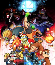 Rule 34 | blue fire, bowser, boxing gloves, captain falcon, charizard, claws, creatures (company), crossed arms, dark background, donkey kong, donkey kong (series), f-zero, facial hair, fighting stance, fingerless gloves, fire, fire emblem, fire emblem: radiant dawn, game freak, ganondorf, gen 1 pokemon, gloves, glowing, glowing eyes, hammer, helmet, highres, horns, ike (fire emblem), king dedede, kirby (series), little mac, looking back, mario (series), multiple boys, mustache, necktie, nintendo, pokemon, pokemon (creature), punch-out!!, rariatto (ganguri), shadow, smash ball, super mario bros. 1, super smash bros., sword, the legend of zelda, wario, weapon, wings