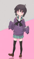 Rule 34 | 1girl, a channel, black hair, black thighhighs, blush, cellphone, closed mouth, collarbone, earbuds, earphones, full body, green skirt, highres, holding, holding phone, ichii tooru, loafers, looking away, looking to the side, okayparium, phone, red eyes, shoes, skirt, sleeves past wrists, solo, thighhighs