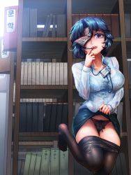 Rule 34 | 1girl, alternate costume, bad id, bad pixiv id, black panties, blue hair, book, bookshelf, bra, breasts, clothes lift, clothes pull, contemporary, covering one eye, female focus, highres, jiangshi, korean text, large breasts, leg up, lips, long sleeves, looking at viewer, looking down, miniskirt, miyako yoshika, mo ne, no headwear, no headwear, office lady, ofuda, open mouth, panties, pantyhose, pantyhose pull, purple eyes, see-through, shirt, short hair, skirt, skirt lift, solo, tongue, tongue out, touhou, underwear