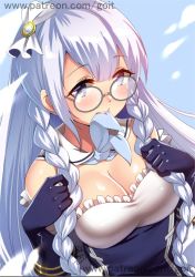 Rule 34 | 1girl, artist name, azur lane, bare shoulders, black gloves, blue-framed eyewear, blue dress, blue eyes, blue neckerchief, blush, bow, braid, breasts, cleavage, detached collar, dress, edinburgh (azur lane), elbow gloves, frilled dress, frills, glasses, gloves, go-it, hair bow, hands up, large breasts, long hair, looking at viewer, mouth hold, neckerchief, round eyewear, round teeth, shiny skin, signature, solo, strapless, strapless dress, tareme, teeth, twin braids, upper body, very long hair, watermark, web address, white bow