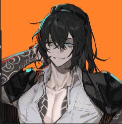 Rule 34 | 1boy, arm behind head, arm tattoo, black coat, black hair, chest tattoo, coat, coat on shoulders, grin, high ponytail, highres, hong lu (project moon), limbus company, long hair, looking to the side, male focus, open clothes, open shirt, project moon, shigure (unininaritai), shirt, simple background, smile, solo, tattoo, upper body, very long hair, white shirt, yellow background