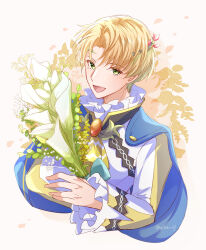Rule 34 | 1boy, alfred (fire emblem), blonde hair, blue cape, bouquet, cape, fire emblem, fire emblem engage, flower, green eyes, highres, holding, holding bouquet, long sleeves, looking at viewer, male focus, nintendo, open mouth, portrait, short hair, smile, solo, white background, yutohiroya