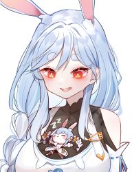 Rule 34 | 2girls, animal ear fluff, animal ears, blue hair, blush, blush stickers, braid, breasts, carrot hair ornament, chibi, chibi on breast, commentary, don-chan (usada pekora), extra ears, food-themed hair ornament, groin, hair ornament, hololive, long hair, long sleeves, mature female, mother and daughter, multiple girls, pekomama, rabbit-shaped pupils, rabbit ears, red eyes, round teeth, shitsu (kurikaesi), short eyebrows, simple background, symbol-shaped pupils, teeth, thick eyebrows, twintails, upper body, usada pekora, usada pekora (1st costume), virtual youtuber, white background, zzz