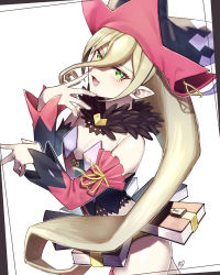 Rule 34 | 1girl, :d, asymmetrical sleeves, black sleeves, blonde hair, book, breasts, cleavage, cowboy shot, detached sleeves, grey eyes, hair between eyes, hat, highres, long hair, long sleeves, magilou (tales), multicolored clothes, multicolored hat, multicolored sleeves, open mouth, panties, pink sleeves, pointy ears, ponytail, ribbon, signature, small breasts, smile, solo, tales of (series), tales of berseria, underwear, uneven sleeves, usatarou (annke-to), very long hair, white background, witch hat, yellow panties, yellow ribbon