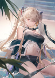 Rule 34 | 1girl, absurdres, anchorage (azur lane), azur lane, bare shoulders, bathtub, black ribbon, black shorts, blue coat, bound, bound arms, breasts, brown hair, cleavage, coat, commentary request, covered erect nipples, crossed bangs, eyebrows hidden by hair, groin, hair between eyes, hand up, headgear, highres, indoors, large breasts, long hair, long sleeves, looking at viewer, midriff, navel, off shoulder, origami, paper crane, parted lips, purple eyes, ribbon, shirt, short shorts, shorts, sidelocks, sitting, sleeves past fingers, sleeves past wrists, solo, twintails, very long sleeves, water, wet, white shirt, you zhaqi