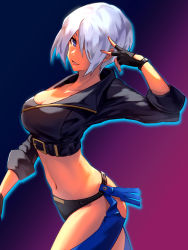 Rule 34 | 1girl, absurdres, angel (kof), arm up, black gloves, blue eyes, breasts, cleavage, crop top, fingerless gloves, gloves, hair over one eye, highres, jacket, large breasts, midriff, navel, revealing clothes, salute, shaded face, shadow, short hair, smile, solo, stomach, the king of fighters, thighs, ura dora, v, white hair