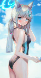 Rule 34 | 1girl, animal ear fluff, animal ears, ass, black one-piece swimsuit, blue archive, blue eyes, blue halo, blue sky, blush, bottle, breasts, closed mouth, cloud, commentary, competition swimsuit, cowboy shot, cross, cross hair ornament, day, extra ears, from side, grey hair, hair ornament, halo, hanato (seonoaiko), highleg, highleg swimsuit, highres, holding, holding bottle, holding towel, inverted cross, looking at viewer, looking to the side, mismatched pupils, official alternate costume, one-piece swimsuit, ponytail, revision, shiroko (blue archive), shiroko (swimsuit) (blue archive), sidelocks, sky, small breasts, solo, standing, swimsuit, symbol-only commentary, towel, two-tone swimsuit, wet, wet clothes, wet swimsuit
