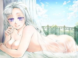 Rule 34 | 1girl, bed sheet, breasts, cleavage, curtains, day, lips, long hair, lying, medium breasts, nude, on stomach, original, purple eyes, see-through, silver hair, sky, smile, solo