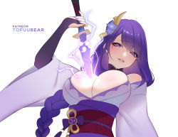 Rule 34 | 1girl, braid, breasts, elbow gloves, genshin impact, gloves, hair ornament, human scabbard, japanese clothes, kimono, large breasts, lips, low-braided long hair, low-tied long hair, nail polish, parted lips, purple eyes, purple hair, purple nails, raiden shogun, skindentation, smile, solo, sword, sword between breasts, tofuubear, upper body, weapon, white background