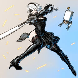 Rule 34 | 1girl, 2b (nier:automata), black blindfold, black dress, black footwear, blindfold, boots, breasts, cleavage cutout, clothing cutout, dress, fighting stance, full body, gloves, hairband, high heel boots, high heels, holding, holding sword, holding weapon, kahadu (kawazu), medium breasts, nier:automata, nier (series), pod (nier:automata), short hair, side slit, solo, sparks, sword, thigh boots, weapon, white hair