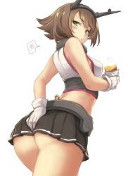 Rule 34 | 1girl, ass, bare arms, black skirt, blush, breasts, brown hair, collar, cowboy shot, eating, fairy (kancolle), flipped hair, food, giant, giantess, gloves, green eyes, headgear, holding, holding food, kantai collection, looking back, medium breasts, metal belt, metal collar, midriff, mutsu (kancolle), pleated skirt, revision, short hair, simple background, size difference, skirt, solo, striped clothes, striped skirt, sweet potato, upper body, utopia, white background, white gloves