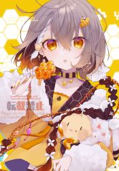 Rule 34 | 1girl, absurdres, bee, braid, brown hair, bug, candy, choker, colored tips, ear piercing, earrings, food, highres, honey, honeycomb, insect, jewelry, looking at viewer, multicolored background, multicolored hair, open mouth, orange eyes, orange hair, original, piercing, ponixponi, sailor collar, solo, white background, yellow background, yellow theme