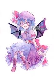 Rule 34 | 1girl, 2zuz4hru, :d, artist name, ascot, bat wings, blue hair, boots, bow, brooch, commentary request, dress, fang, frilled ribbon, frills, full body, hat, hat ribbon, high heel boots, high heels, highres, jewelry, knees up, looking at viewer, mob cap, open mouth, painting (medium), pink dress, pink eyes, pink footwear, pink hat, puffy short sleeves, puffy sleeves, red bow, red ribbon, remilia scarlet, ribbon, short sleeves, smile, solo, thigh boots, touhou, traditional media, watercolor (medium), watermark, white background, wings, wrist cuffs