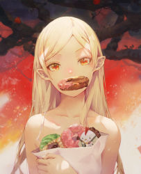 Rule 34 | 1girl, bag, bakemonogatari, bare shoulders, blonde hair, collarbone, commentary request, doughnut, dress, food, food in mouth, hakui (b600723), highres, holding, holding bag, long hair, looking at viewer, monogatari (series), mouth hold, oshino shinobu, paper bag, parted bangs, pointy ears, red eyes, sleeveless, sleeveless dress, solo, upper body, v-shaped eyebrows, white dress