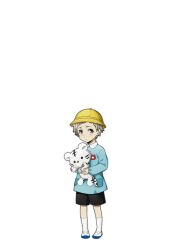 Rule 34 | 1boy, aged down, bad source, black shorts, bungou stray dogs, child, full body, hat, holding, holding stuffed toy, long sleeves, male focus, nakajima atsushi (bungou stray dogs), official art, shoes, shorts, socks, stuffed animal, stuffed tiger, stuffed toy, transparent background, white socks, yellow eyes, yellow hat