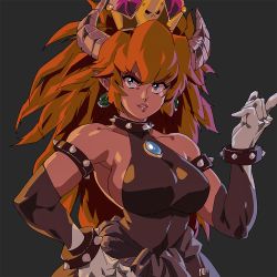 Rule 34 | 1girl, anger vein, angryangryd, armlet, armpits, bare shoulders, black dress, blonde hair, blue eyes, bowsette, bracelet, breasts, collar, collarbone, commentary, covered navel, dress, earrings, elbow gloves, english commentary, expressive clothes, fang, gloves, hand on own hip, horns, jewelry, large breasts, lips, long hair, mario (series), narrow waist, new super mario bros. u deluxe, nintendo, parted lips, pointing, pointy ears, sideboob, sleeveless, sleeveless dress, solo, spiked armlet, spiked bracelet, spiked collar, spiked knuckles, spikes, super crown, thick eyebrows, toned, upper body