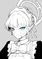Rule 34 | 1girl, bandage on face, bandages, blue archive, blue eyes, bow, bowtie, bruise, bruise on face, closed mouth, commentary request, eo masaka, grey background, greyscale, hair ribbon, halo, highres, injury, looking at viewer, maid headdress, monochrome, ribbon, short hair, simple background, solo, spot color, toki (blue archive), upper body