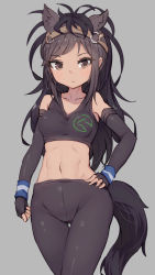 Rule 34 | 10s, 1girl, animal ears, bare shoulders, black gloves, black pantyhose, breasts, brown eyes, brown hair, brown thoroughbred (kemono friends), crop top, crotch seam, dark-skinned female, dark skin, elbow gloves, fingerless gloves, gloves, gluteal fold, grey background, hand on own hip, highres, horse ears, horse girl, horse tail, japan racing association, kemono friends, long hair, looking at viewer, medium breasts, midriff, navel, pantyhose, shone, simple background, solo, tail
