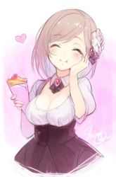 Rule 34 | 1girl, ^ ^, aya-chan (minoa), blush, breasts, cleavage, closed eyes, crepe, detached collar, closed eyes, flower, food, foodgasm, hair flower, hair ornament, hand on own cheek, hand on own face, heart, large breasts, minoa (lastswallow), original, short hair, smile, solo
