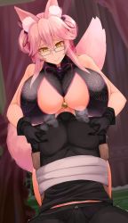 Rule 34 | 1boy, 1girl, absurdres, animal ear fluff, animal ears, black dress, black gloves, breast smother, breasts, bulge, china dress, chinese clothes, clothing cutout, dress, erection, erection under clothes, face to breasts, facominn, fate/grand order, fate (series), femdom, glasses, gloves, highres, huge breasts, koyanskaya (fate), pink hair, precum, ribbon, smile, tamamo (fate), underboob cutout, yellow eyes