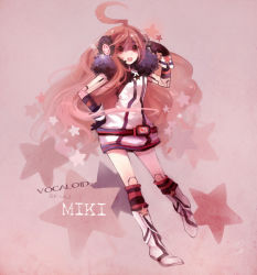 Rule 34 | 1girl, ahoge, android, belt, boots, char, character name, copyright name, dress, gloves, headphones, joints, kneehighs, long hair, red eyes, red hair, robot joints, sf-a2 miki, shell (shell518), smile, socks, solo, star (symbol), striped clothes, striped gloves, striped socks, vocaloid, wrist cuffs