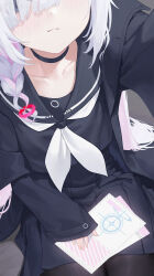 Rule 34 | 1girl, plana (blue archive), black choker, black coat, black eyes, black pantyhose, black sailor collar, black serafuku, black shirt, black skirt, blue archive, blush, braid, choker, closed mouth, coat, collarbone, commentary request, eyes visible through hair, gameplay mechanics, grey eyes, hair ornament, hair over one eye, head out of frame, highres, holding, long hair, long sleeves, looking at viewer, multicolored hair, neckerchief, outstretched arm, pantyhose, paper, pink hair, pleated skirt, sailor collar, school uniform, selfie, serafuku, shirt, shou xun bu liang, side braid, sidelocks, single braid, sitting, skirt, sleeves past wrists, solo, two-tone hair, white hair, white neckerchief