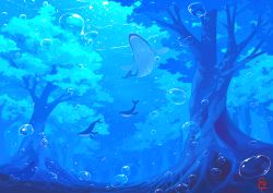 Rule 34 | air bubble, bad id, bad pixiv id, blue theme, bubble, forest, highres, nature, no humans, original, scenery, tree, underwater, whale, yoshida (penguindynamite)