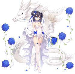 Rule 34 | 1girl, bare shoulders, black hair, blue eyes, blue flower, blue rose, blush, bouquet, breasts, cleavage, closed mouth, commentary request, covered navel, detached collar, double bun, dragon, elbow gloves, flower, full body, garter straps, girl and dragon, gloves, hair bun, hair flower, hair ornament, hairclip, heijialan, holding, holding bouquet, leaf, leotard, looking at viewer, original, rose, short hair, small breasts, smile, solo, standing, strapless, strapless leotard, thighhighs, waist cape, white background, white gloves, white leotard, white thighhighs