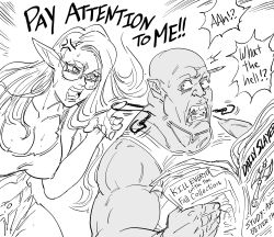 Rule 34 | 1boy, 1girl, ^^^, anger vein, angry, bald, bb (baalbuddy), breasts, commentary, couple, covered erect nipples, earphones, elf, english commentary, fangs, greyscale, hetero, highres, holding, holding newspaper, large breasts, long hair, midriff, mole, mole under mouth, monochrome, newspaper, no nut november, object behind ear, orc, original, pencil, pointy ears, reading, rejection, round eyewear, shirt, short shorts, shorts, shouting, simple background, sleeveless, sleeveless shirt, sweatdrop, tank top, white background, wide-eyed