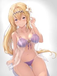 Rule 34 | 1girl, arm at side, bikini, blonde hair, blush, breasts, chokuro, closed mouth, collarbone, flower, front-tie bikini top, front-tie top, gluteal fold, gradient background, granblue fantasy, grey background, hair between eyes, hair flower, hair ornament, hand up, highres, jeanne d&#039;arc (granblue fantasy), light rays, long hair, looking at viewer, nail polish, navel, ponytail, purple bikini, purple eyes, purple nails, purple ribbon, resolution mismatch, revision, ribbon, see-through, side-tie bikini bottom, sidelocks, sitting, smile, solo, source larger, spaghetti strap, stomach, sunbeam, sunlight, swimsuit, tareme, thigh gap, thighs, underboob, very long hair, white flower, white ribbon