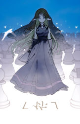 Rule 34 | 1girl, absurdres, bare shoulders, bishop (chess), black gloves, blonde hair, blue background, blue eyes, blurry, breasts, chess piece, depth of field, dress, floating hair, full body, gloves, highres, long hair, long sleeves, looking at viewer, nintendo, pawn (chess), planstar, princess zelda, rook (chess), sad, see-through, sleeveless, sleeveless dress, solo, standing, the legend of zelda, veil, very long hair