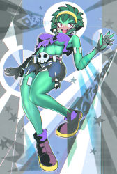 Rule 34 | 1girl, bare arms, bare shoulders, black background, blue background, blush, breasts, colored skin, earrings, green hair, green skin, hairband, hakkasame, highres, jewelry, large breasts, legs, midriff, monster girl, open mouth, purple footwear, red eyes, rottytops, shantae (series), short hair, shorts, skull earrings, smile, solo, tank top, teeth, underboob, upper teeth only, zombie
