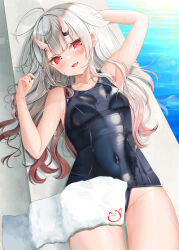 Rule 34 | 1girl, absurdres, bare shoulders, blue one-piece swimsuit, blush, breasts, collarbone, competition school swimsuit, covered navel, fang, gradient hair, grey hair, highres, hololive, horns, long hair, looking at viewer, multicolored hair, nakiri ayame, ohagetty, one-piece swimsuit, oni, open mouth, red eyes, red hair, school swimsuit, skin-covered horns, skin fang, small breasts, smile, solo, streaked hair, swimsuit, virtual youtuber