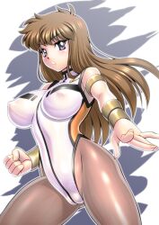 Rule 34 | 1girl, blue eyes, bodysuit, breasts, brown hair, brown pantyhose, commentary request, covered erect nipples, dangaiou, foreshortening, impossible bodysuit, impossible clothes, large breasts, leotard, long hair, mia alice, pantyhose, sakura ryuuken, solo, turtleneck, white leotard, wrist guards