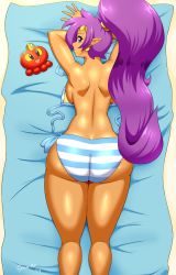 Rule 34 | 1girl, ass, back, backboob, beach towel, bikini, blue eyes, breasts, butt crack, dark-skinned female, dark skin, dated, earrings, female focus, highres, huge ass, jewelry, long hair, looking at viewer, lying, medium breasts, on stomach, pointy ears, ponytail, purple hair, shantae, shantae (series), shantae and the pirate&#039;s curse, shiny skin, side-tie bikini bottom, signature, solo, speeds, striped bikini, striped clothes, swimsuit, towel