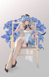 Rule 34 | 1girl, absurdres, arm support, black footwear, blue flower, blue hair, blush, breasts, butterfly ornament, chair, chinese commentary, cleavage, commentary, dated, dress, floral print, flower, full body, ganyu (genshin impact), genshin impact, goat horns, hand up, highres, horns, laolaoxiaoshu, lips, long legs, looking at viewer, medium breasts, navel, on chair, parted lips, purple eyes, short hair with long locks, signature, smile, solo, tight clothes, white dress