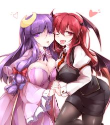 Rule 34 | 2girls, between breasts, black legwear, black skirt, blue bow, blush, bow, breasts, cleavage, crescent, demon wings, dress, fangs, fumitsuki (minaduki 6), hair bow, head wings, heart, holding hands, interlocked fingers, juliet sleeves, koakuma, large breasts, long hair, long sleeves, looking at viewer, multiple girls, necktie, necktie between breasts, one eye closed, pantyhose, patchouli knowledge, pencil skirt, puffy sleeves, purple eyes, purple hair, red bow, red eyes, red hair, red necktie, saliva, saliva trail, shiny clothes, simple background, skirt, striped clothes, striped dress, tongue, tongue out, touhou, white background, wide sleeves, wings, yuri
