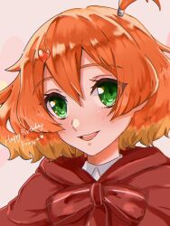 Rule 34 | 1girl, blonde hair, blush, bow, character name, cloak, collared shirt, colored tips, freyja wion, green eyes, hair between eyes, hair ornament, happy birthday, head tilt, heart, heart hair ornament, highres, hood, hood down, hooded cloak, looking at viewer, macross, macross delta, multicolored hair, nimimaru, open mouth, orange hair, pink background, red bow, red cloak, shirt, solo, white shirt