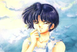 Rule 34 | 1990s (style), 1girl, blue hair, nakajima atsuko, official art, parted bangs, portrait, ranma 1/2, red eyes, retro artstyle, sky, smile, solo, tendou akane