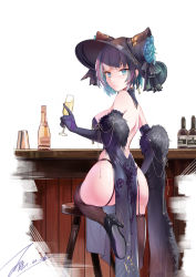 Rule 34 | 1girl, absurdres, alcohol, animal ears, ass, azur lane, bare shoulders, black footwear, black gloves, black hat, blunt bangs, bottle, breasts, chair, cheshire (azur lane), cheshire (cait sith crooner) (azur lane), china dress, chinese clothes, closed mouth, commentary request, cup, dated, dress, drinking glass, elbow gloves, fur trim, garter straps, gloves, hat, high heels, highres, holding, holding cup, janload1ng, knee up, large breasts, looking at viewer, looking back, medium breasts, multicolored hair, official alternate costume, original, pink eyes, purple dress, purple gloves, short hair, signature, smile, solo, streaked hair, thighhighs, two-tone hair, white background, wine glass