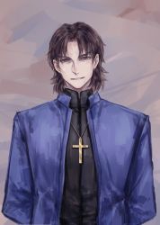 Rule 34 | 1boy, brown eyes, brown hair, cross, cross necklace, fate/stay night, fate (series), gradient background, highres, jewelry, kotomine kirei, male focus, necklace, solo, xiongmaojun115